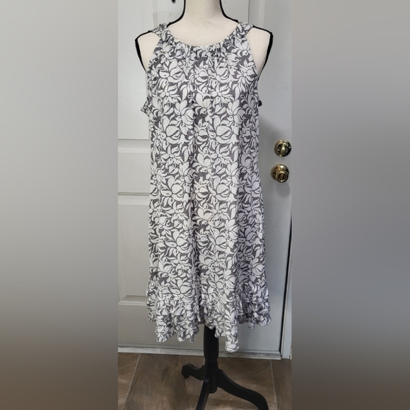 MSK Floral Grey/White Ruffled With Sequins Bare Shoulder Stretchy Dress Size L - Picture 1 of 11